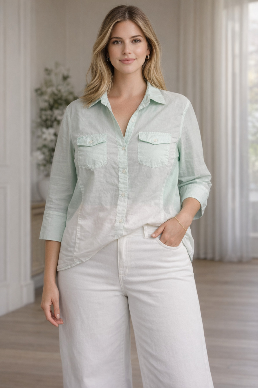 James Perse Ombre Slub SidePanel Shirt 3/4 Sleeves Quiet Luxury white green Sz-4